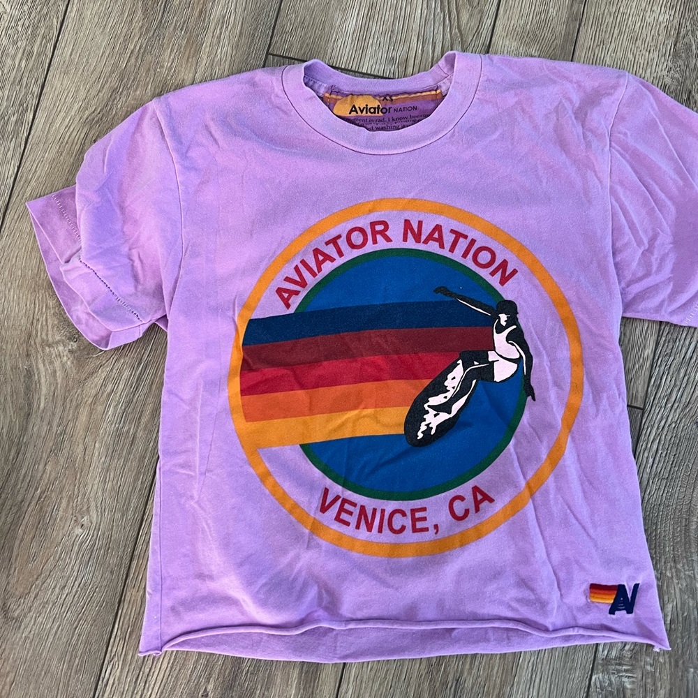 Aviator Nation Lavender Tee with Rainbow Graphic